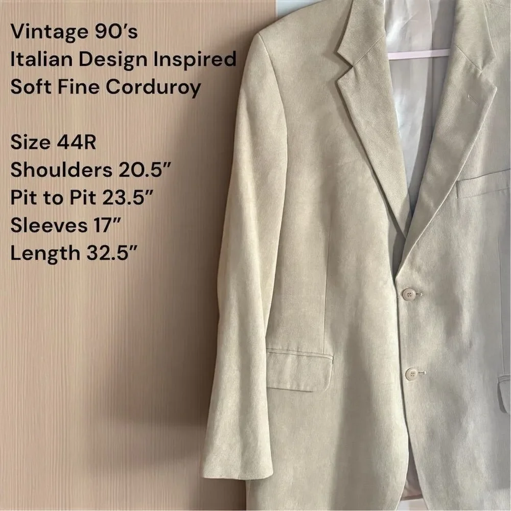 Andrew Fezza Italian Inspired Men's Beige Soft Corduroy Blazer Vintage 90s